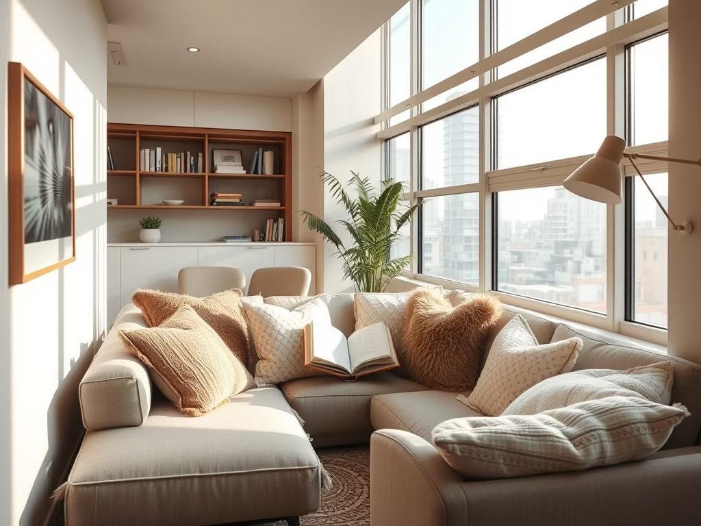 cozy reading nook with natural light and throw pillows in a modern condo