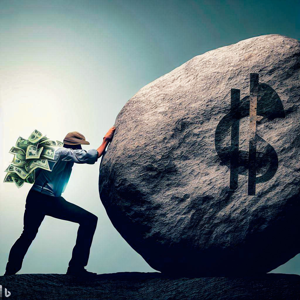An image of a worker pushing a large boulder uphill depicting the amount of effort needed to reach a certain earning.