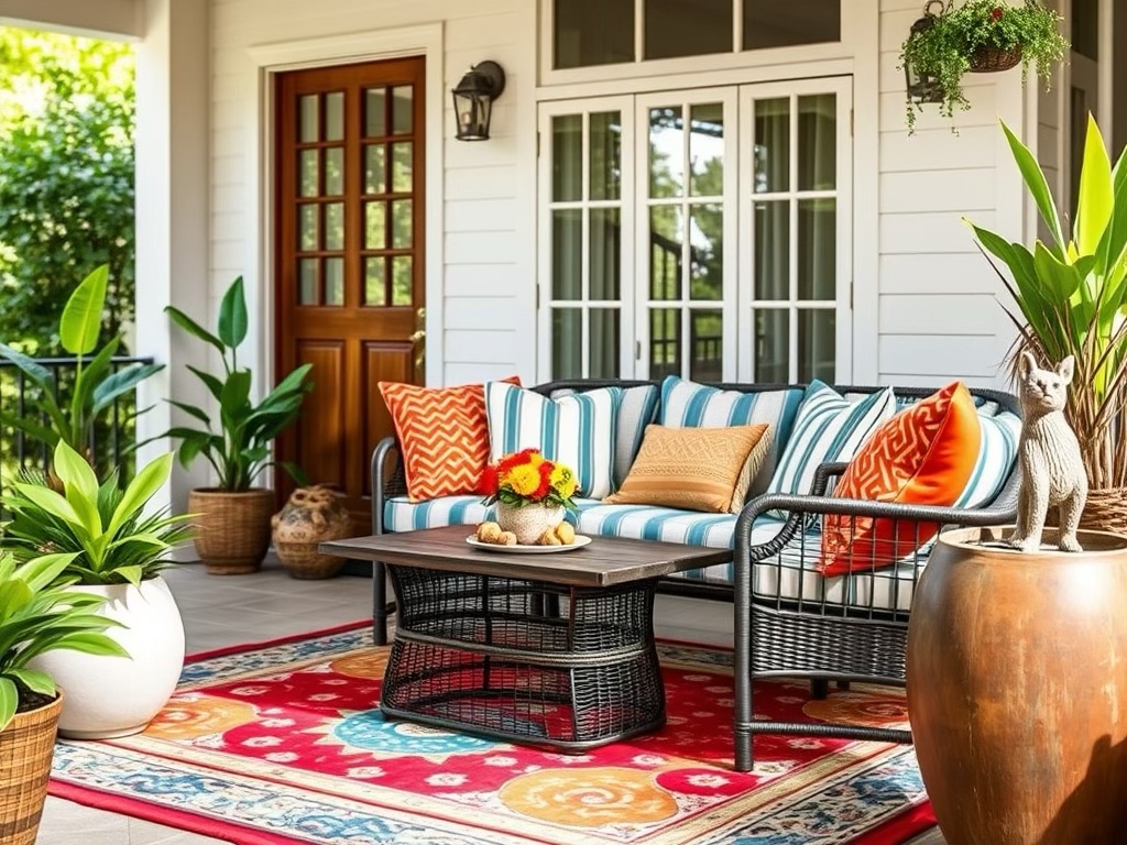 A photo of an outdoor space of a Philippine home showing all of the following; colorful outdoor rug refining a seating area, weatgee resistant throw pillows, and a unique garden sculpture. 