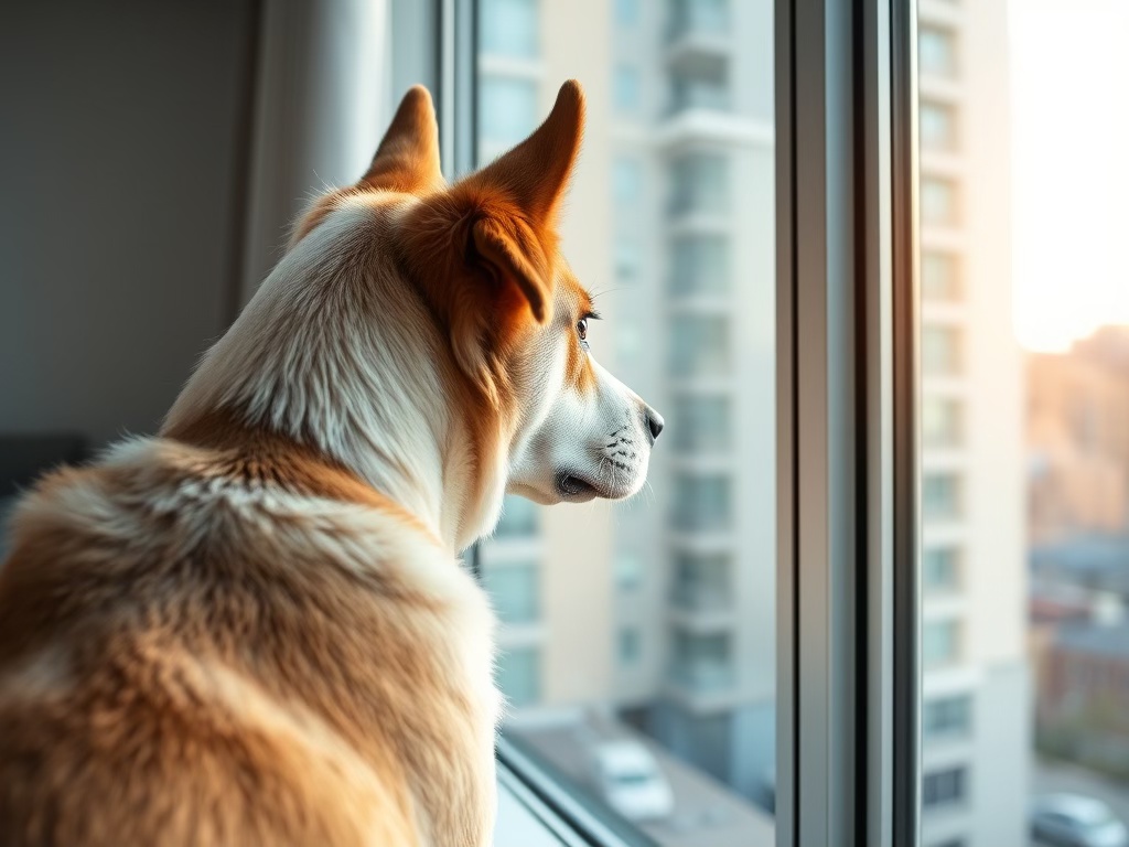 A pet dog looking out a condo window
