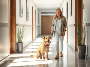 A pet being walked in the hallway while on leash