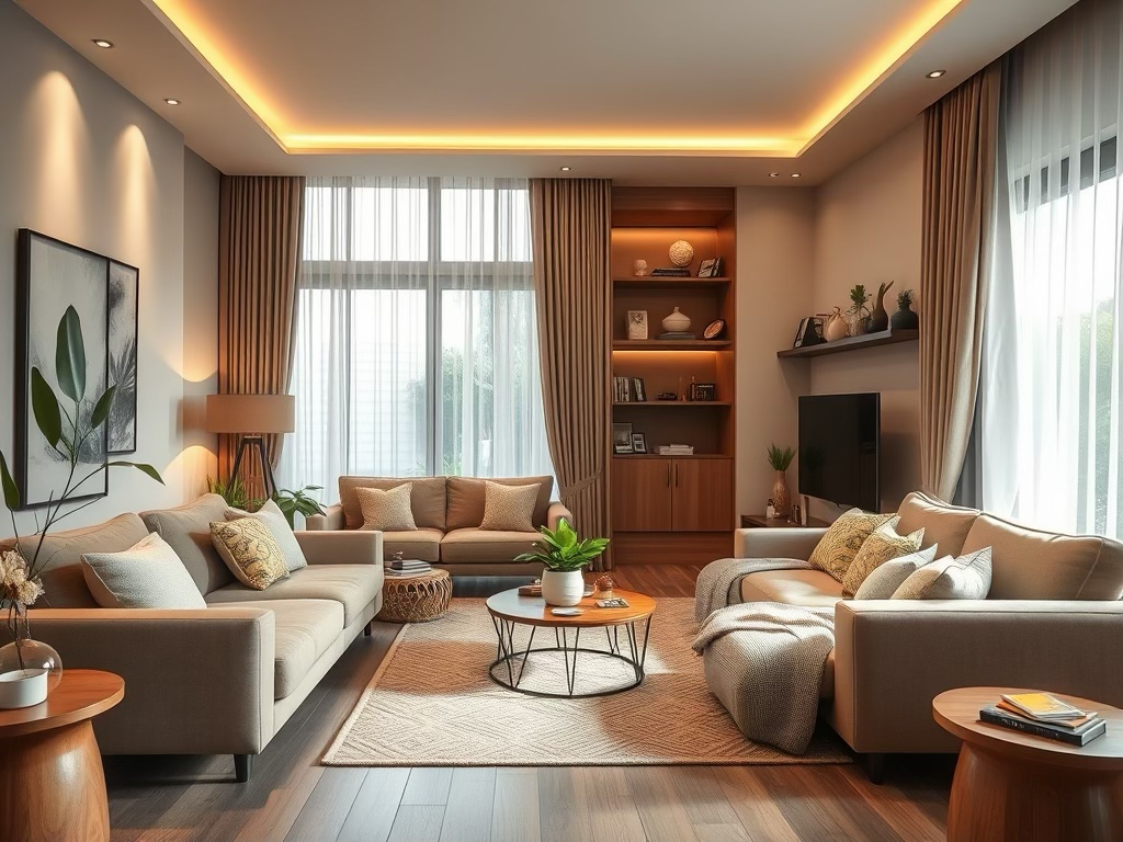 Living Room with Layered Lightings Large