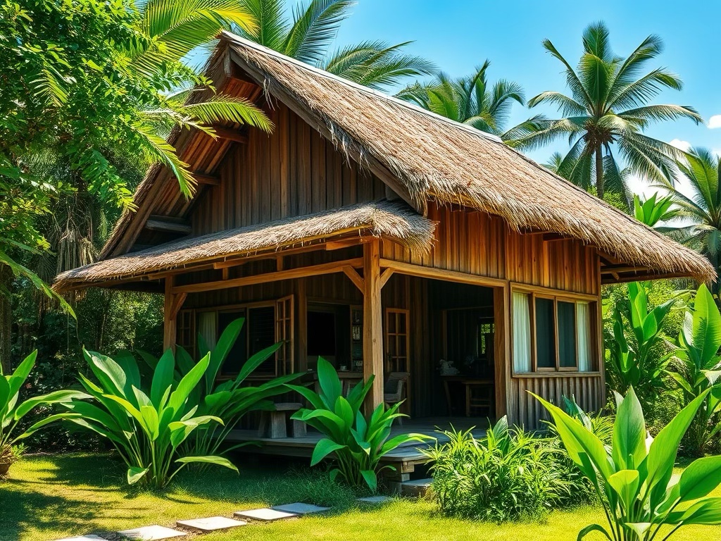 A tropical wooden house with a thatched roof surrounded by lush green plants and palm trees under a clear blue sky.
