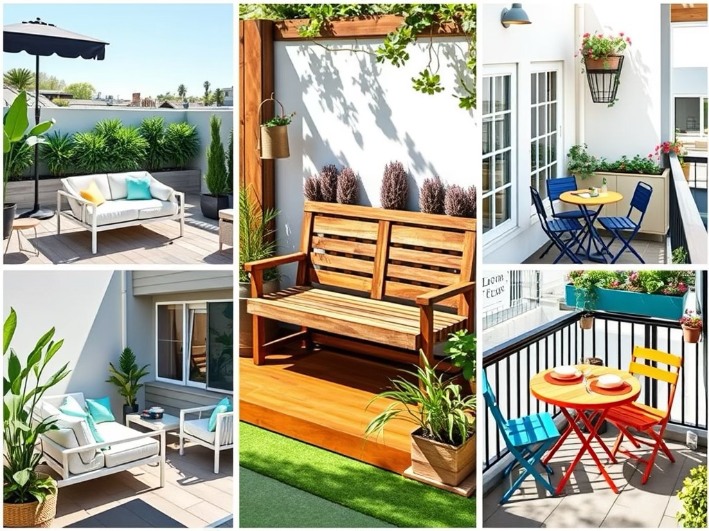 A collage of different styles of outdoor seating arrangements (e.g a modern lounge set, a rustic wooden bench in a garden nook, a colorful bistro set on a balcony.)