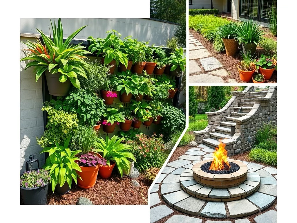 A collage showing diverse landscaping elements: lush container plants, a vertical herb garden, elegant stone pathway, and a captivating water feature or fire pit as a focal point.