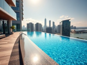 An infinity pool at a high-rise condominium with a city skyline in the background, featuring skyscrapers and bright sunlight reflecting off the water.