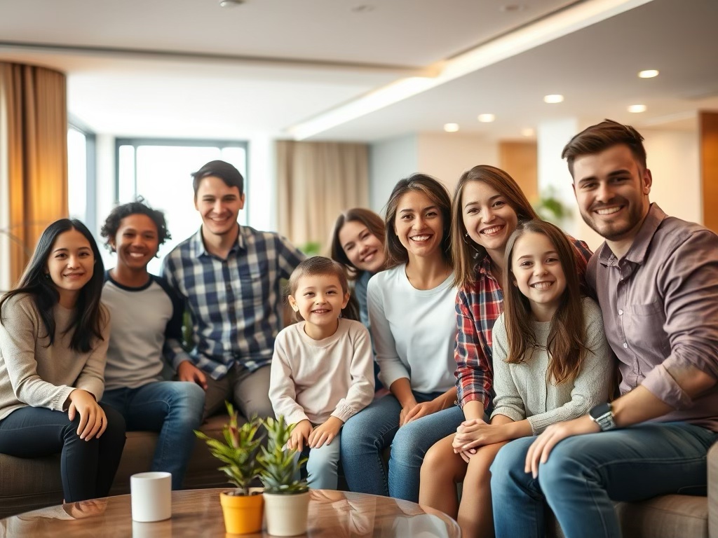 Group photo of a diverse family and friends sitting together, smiling in a brightly lit modern indoor setting.