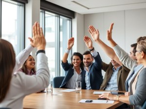 A diverse group of professionals in a meeting, enthusiastically raising their hands to participate.