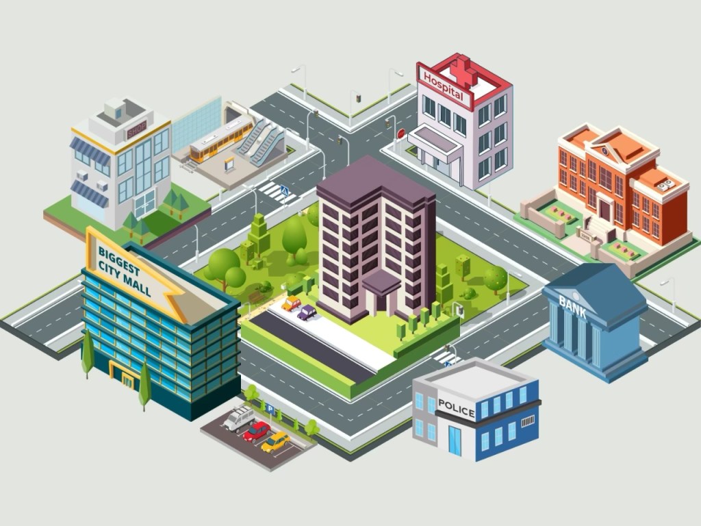 A colorful isometric illustration of a city layout featuring various buildings, including a city mall, hospital, bank, police station, and residential apartments, surrounded by green spaces and roads.
