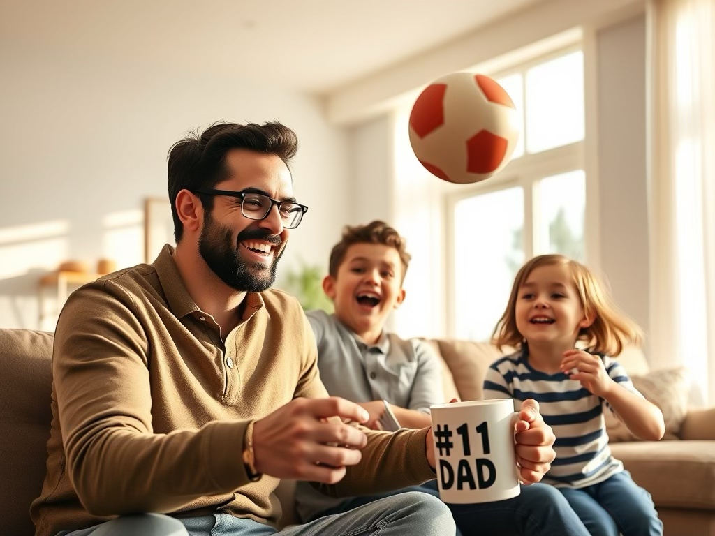 Happy dad spending time with family in their modern dream home – celebrating Father’s Day with love and laughter