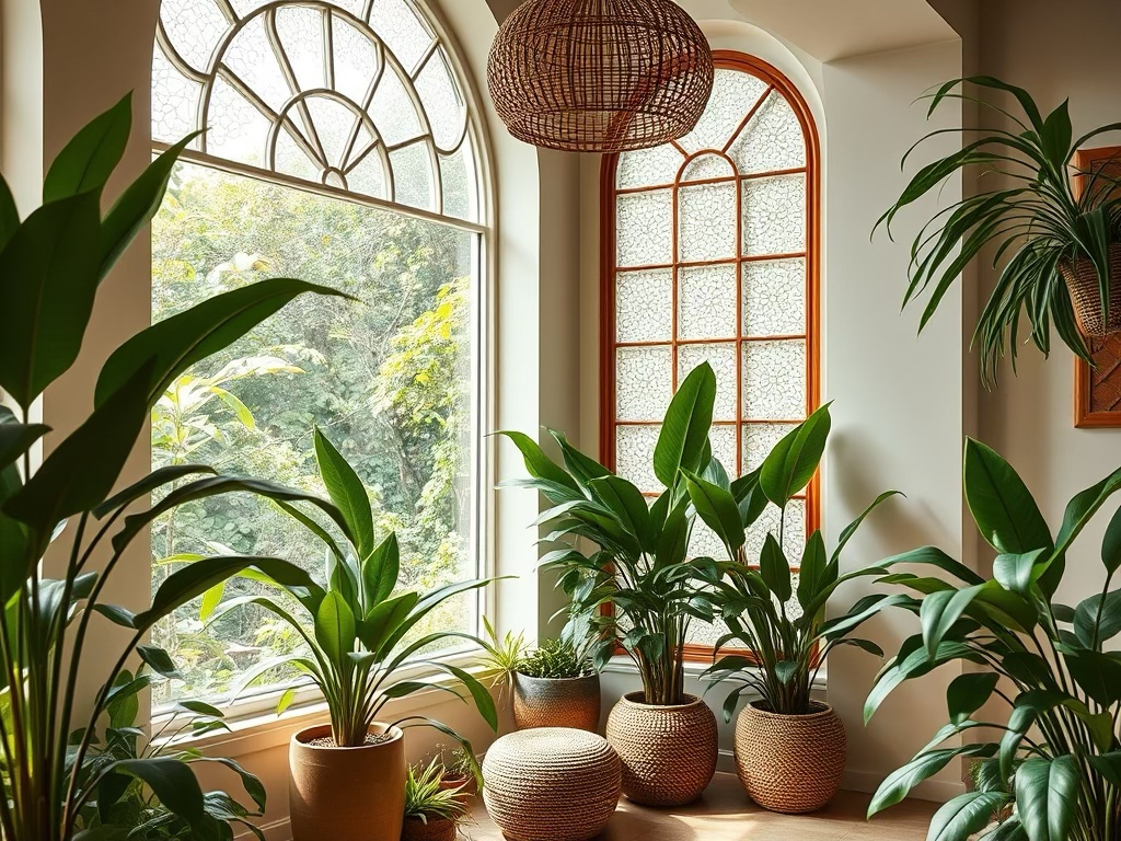 A serene indoor space filled with various houseplants beside large windows, allowing natural light to illuminate the area.