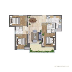 Floor plan of a modern residential apartment featuring two bedrooms, a living area, dining space, kitchen, and outdoor garden area.