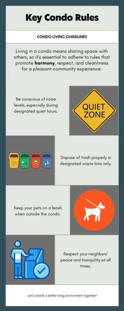 An infographic outlining key condo living guidelines, emphasizing harmony, respect, and cleanliness in shared spaces. It includes points about noise levels, proper trash disposal, pet management, and respecting neighbors' peace.