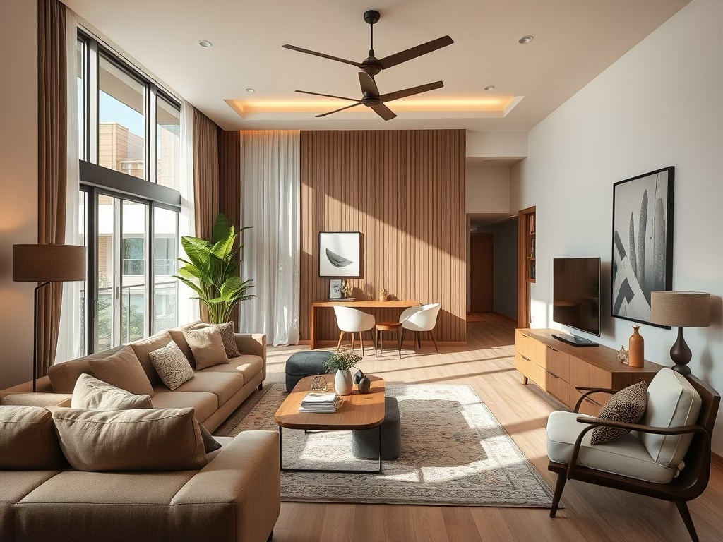 A modern living room featuring large windows, natural light, and a cozy seating area with a sofa and armchair, complemented by a wooden dining table and stylish decor.