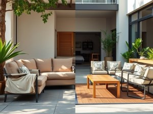 An image of an outdated, clunky outdoor furniture set contrasted with a sleek, modern multi-functional set that suits a contemporary Filipino home.