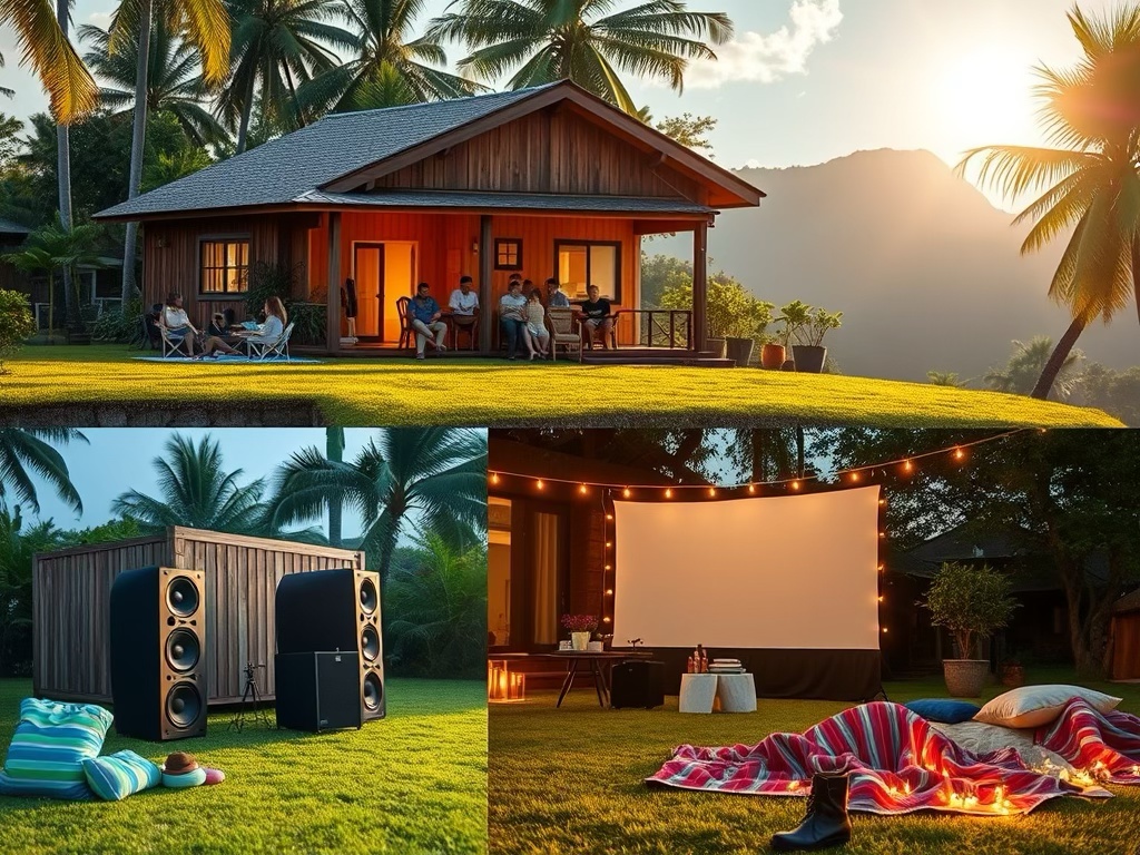 A collage of an outdoor space of a Philippine home depicting different outdoor entertainment - people enjoying lawn games, an outdoor soeaker setup and a cozy outdoor movie night scene.