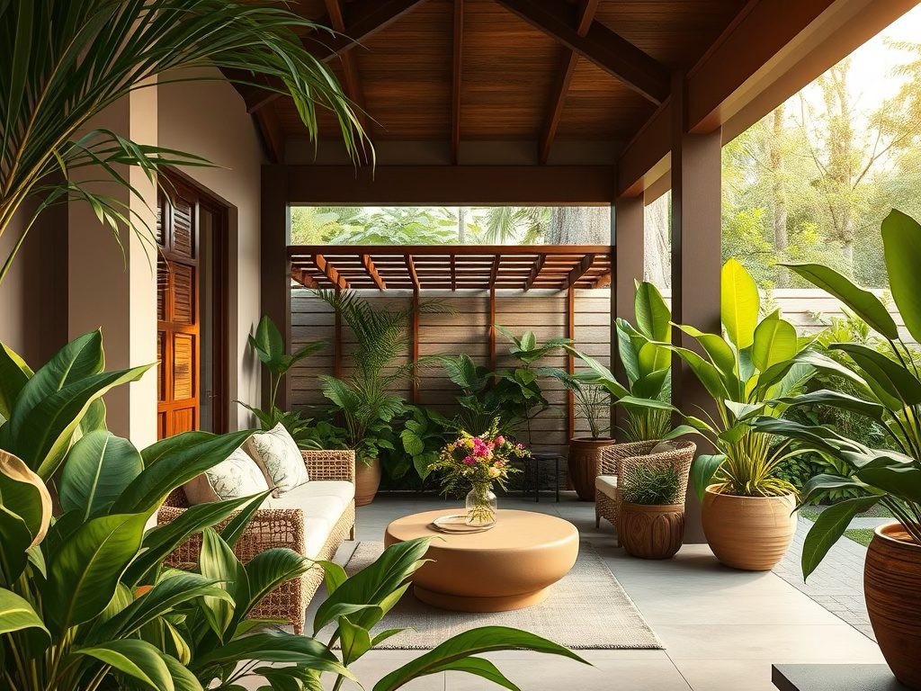 A beautifully transformed outdoor space showing a searing area surrounded with greeneries.