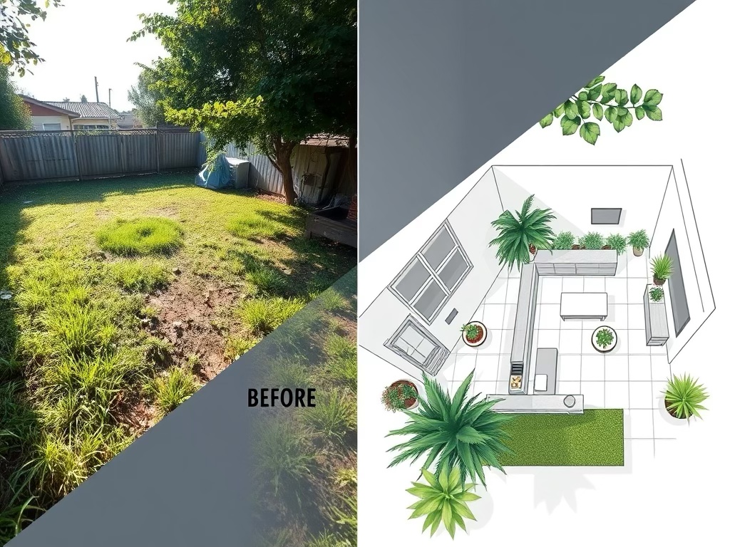 A split image showing a ‘before’ photo of an underutilized outdoor space next to a simple design sketch illustrating the potential transformation.