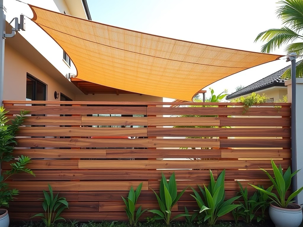 An outdoor space with a stylish horizontal wood fence that has a shade sail also placed