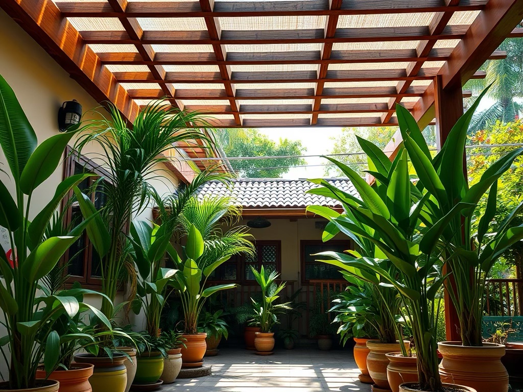 An outdoor space of a home surrounded by tall potted plants and has a pergola for shading.