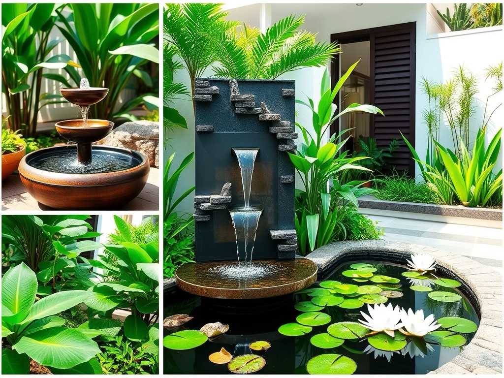 A collage of different types of water features in an Outdoor space of a Philippine home - a small tabletop fountain, a modern wall fountain, and a serene small pond with water lilies.