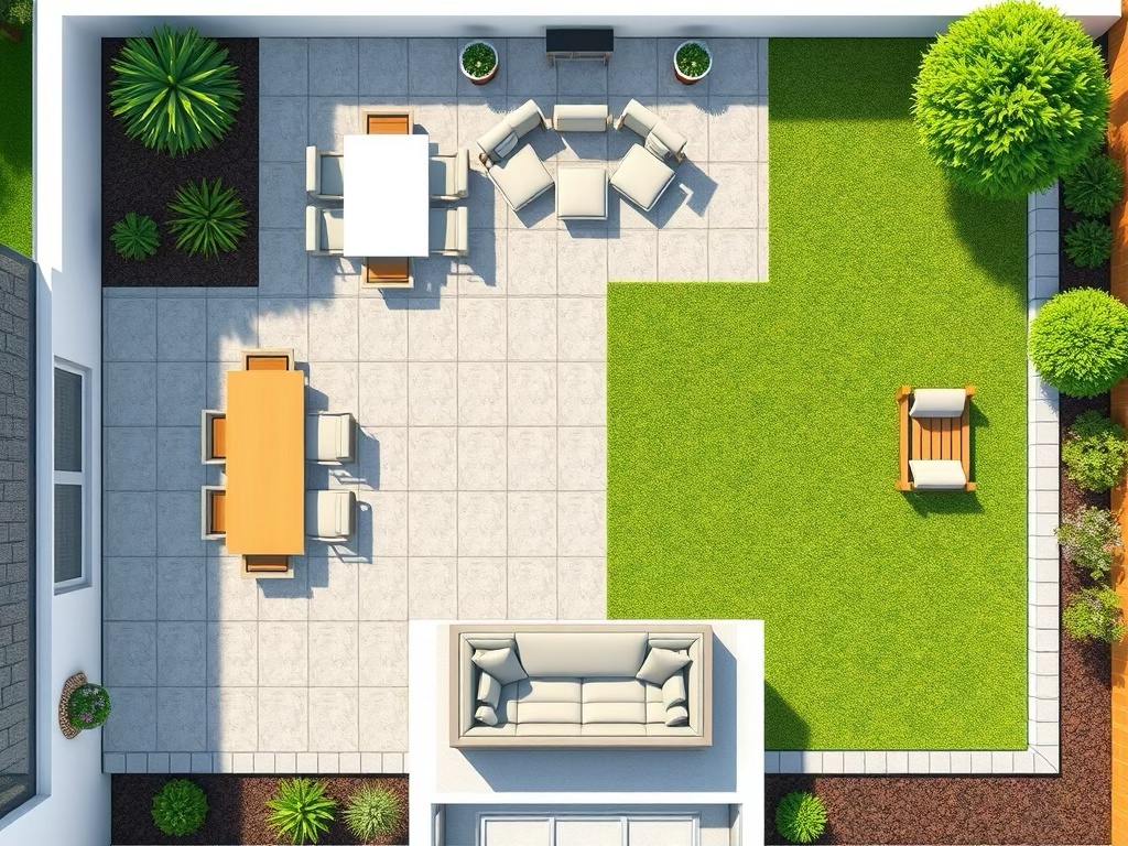 An overhead diagram illustrating how a single backyard can be divided into clear zone (e.g., patio dining, grassy play area, corner lounge).