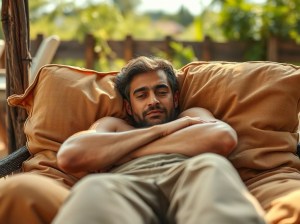 A man resting comfortably on a large outdoor cushion, indicating relaxation in a lush tropical environment.