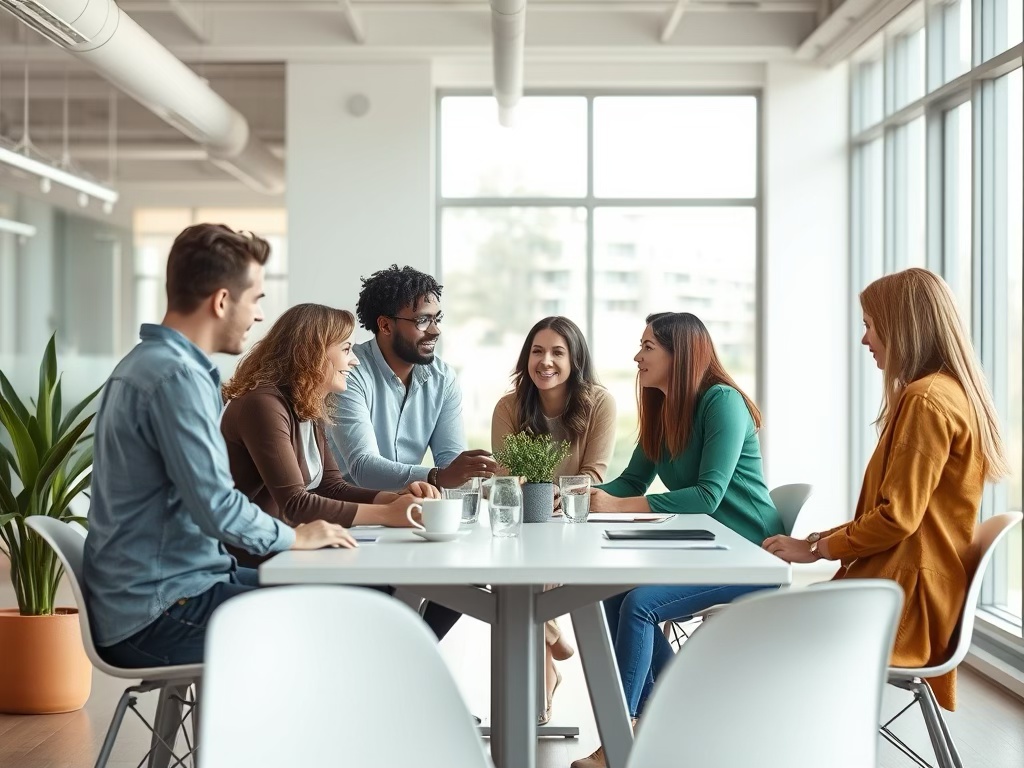 A diverse group of six people engaged in a collaborative discussion around a modern conference table in a bright, airy office space.