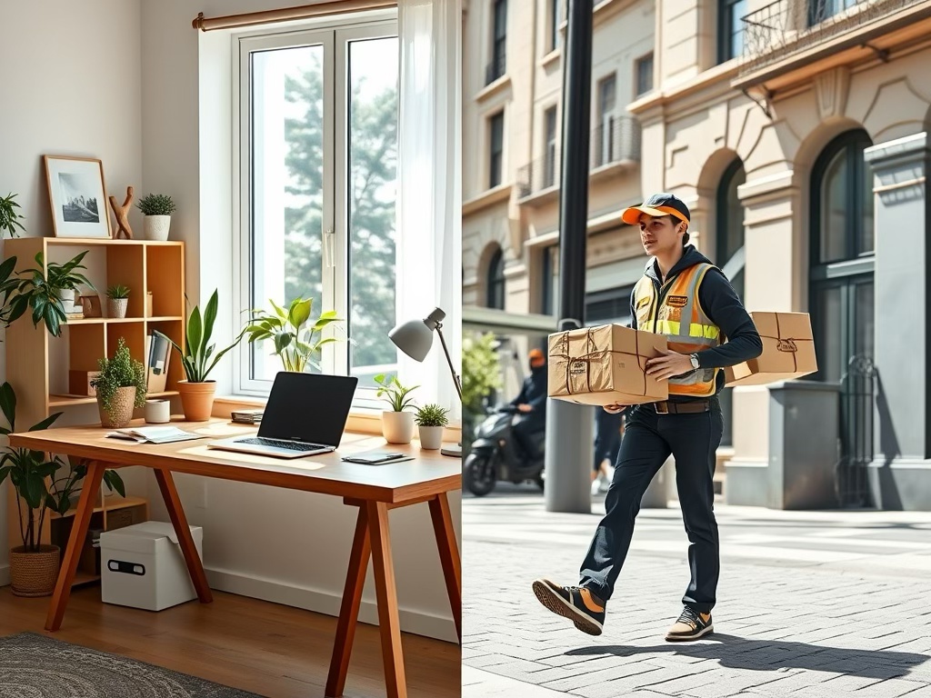 A modern home office setup with a wooden desk, laptop, and plants, next to an outdoor scene featuring a delivery person in a vest carrying cardboard boxes.
