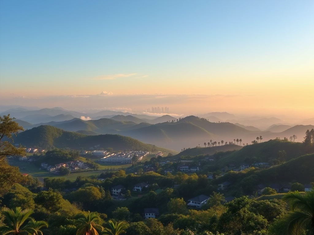 Panoramic view of rolling hills and mountains in Antipolo City, surrounded by greenery and a serene sky, showcasing the natural beauty and elevated living in the area.