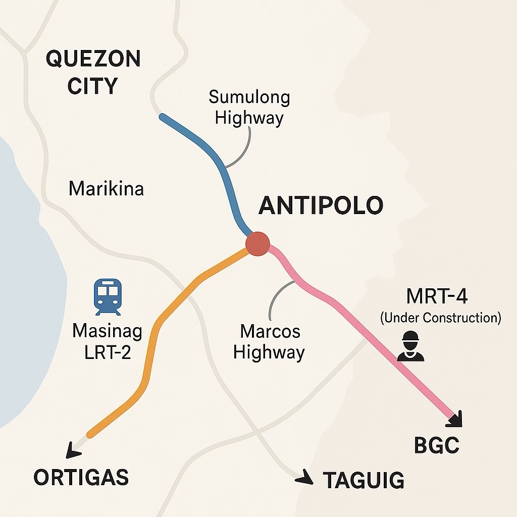 Map of Antipolo City showing key roads and transport routes, including Marcos Highway, Sumulong Highway, and the upcoming MRT-4.