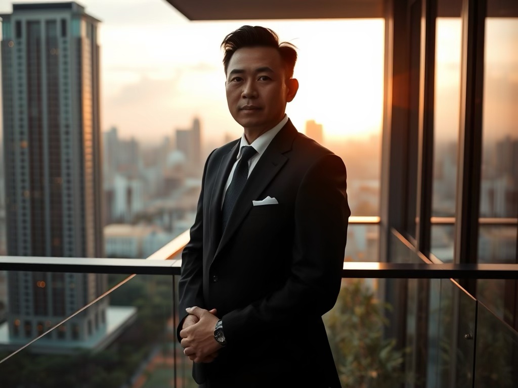 A well-dressed man stands confidently on a balcony with a city skyline in the background during sunset.