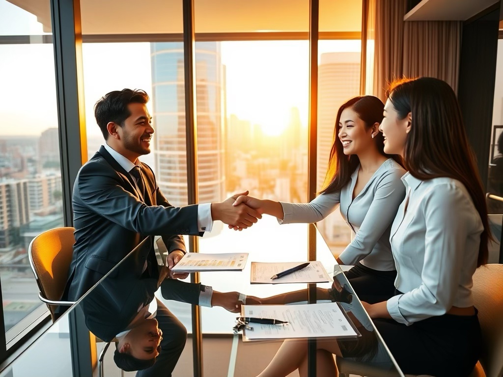 A business meeting taking place in a modern office setting, featuring a man and two women shaking hands across a glass table, with documents and pens on the table and a city skyline visible through large windows in the background during sunset.