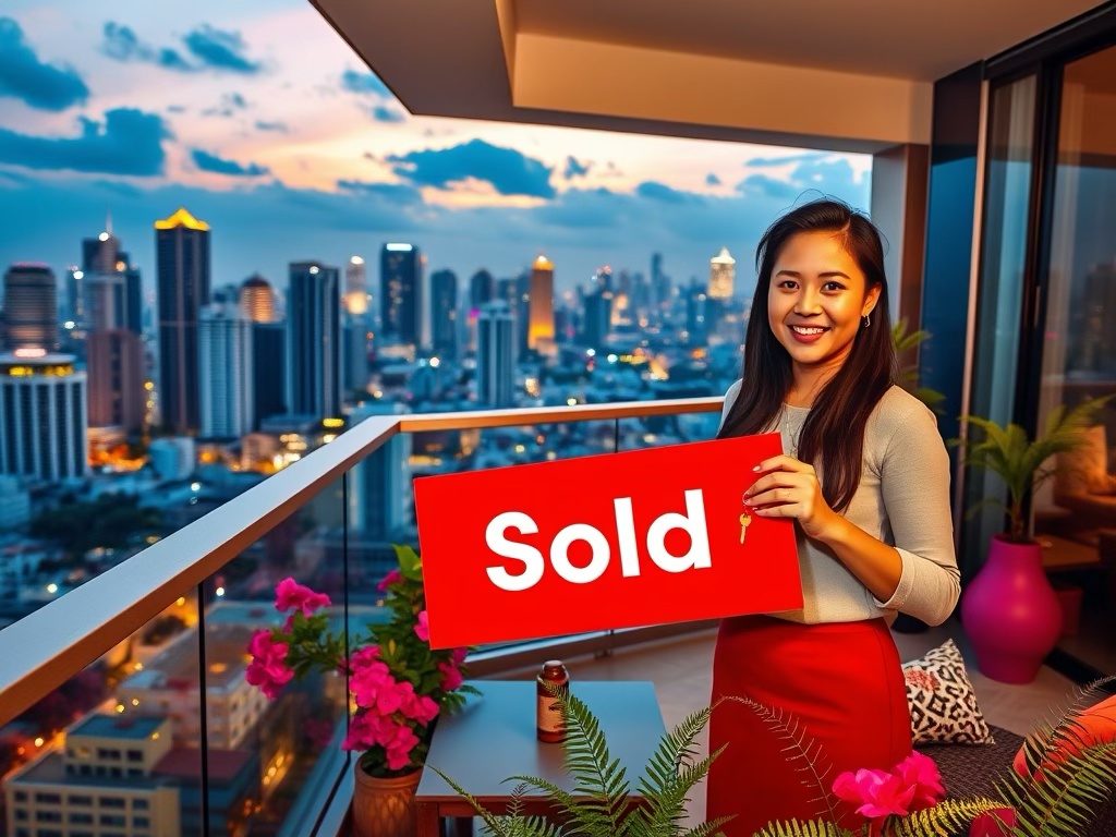 A woman stands on a balcony holding a 'Sold' sign, showcasing a vibrant city skyline in the background during sunset.