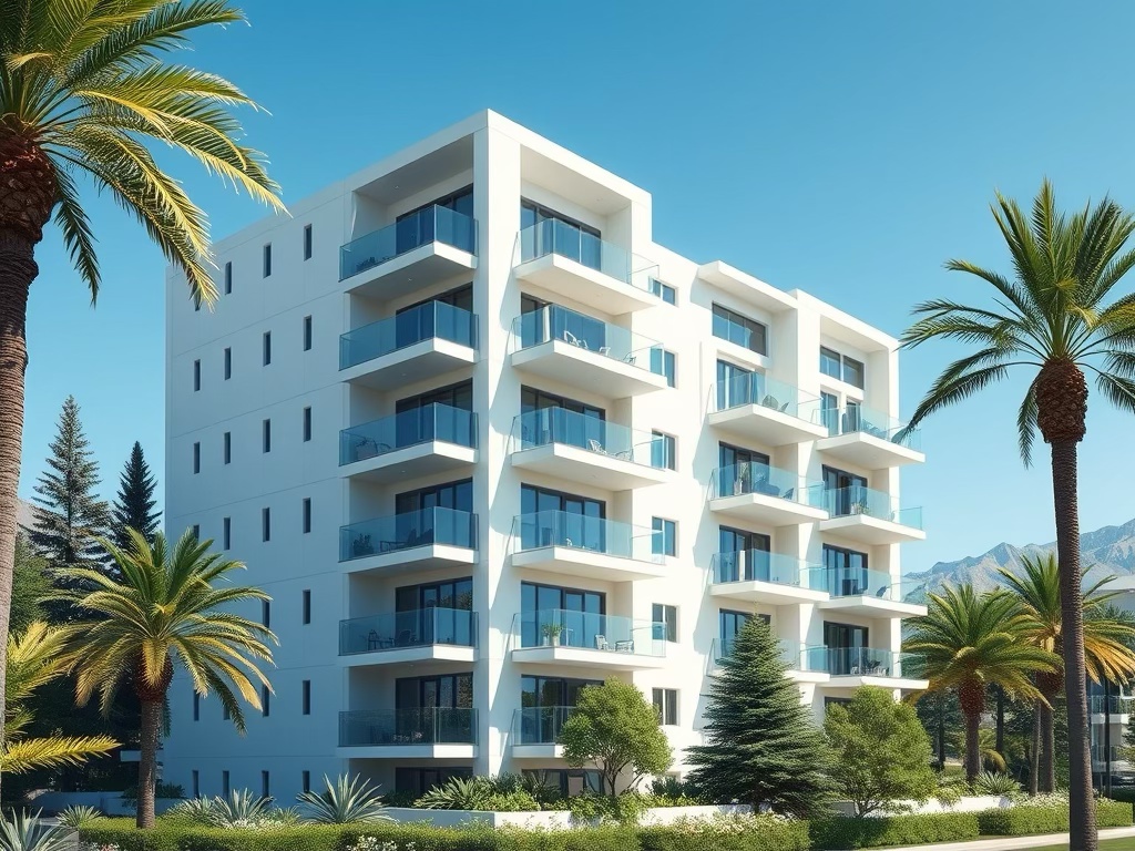 A modern white residential building with multiple balconies, surrounded by palm trees and greenery, set against a clear blue sky.