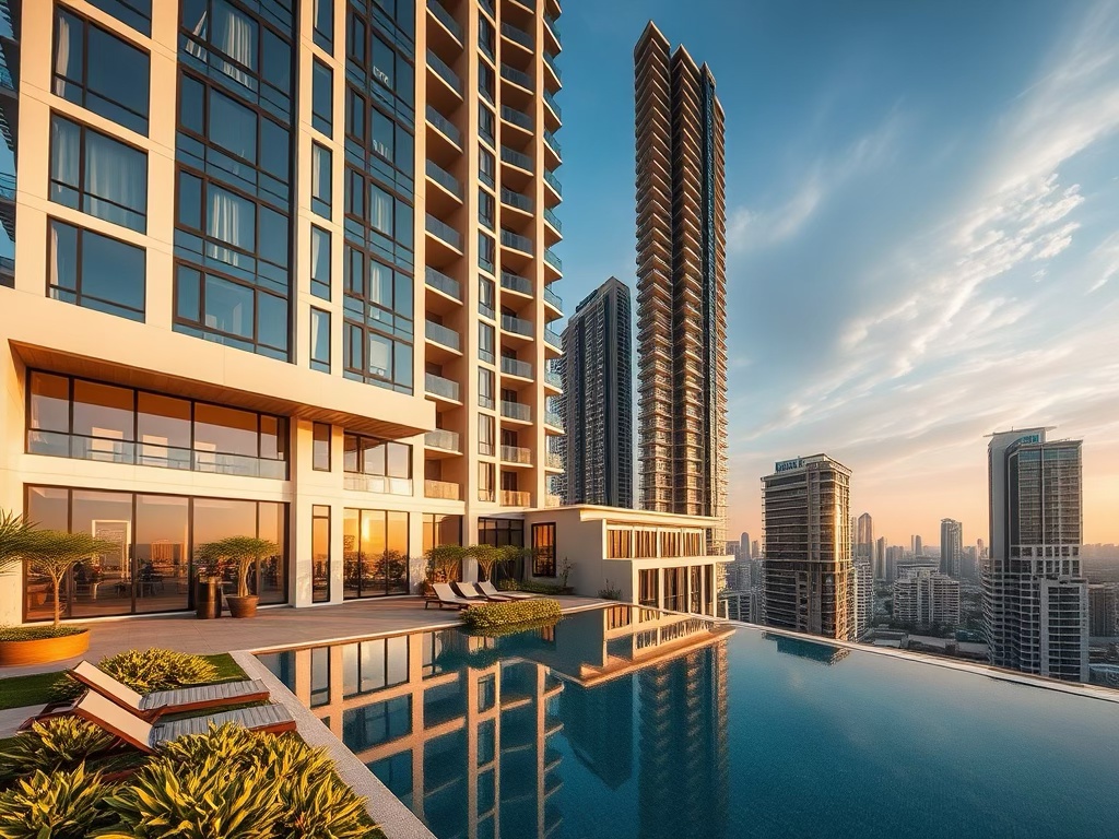 View of a modern condominium building with large glass windows, featuring a swimming pool and lounge area, set against a city skyline at sunset.