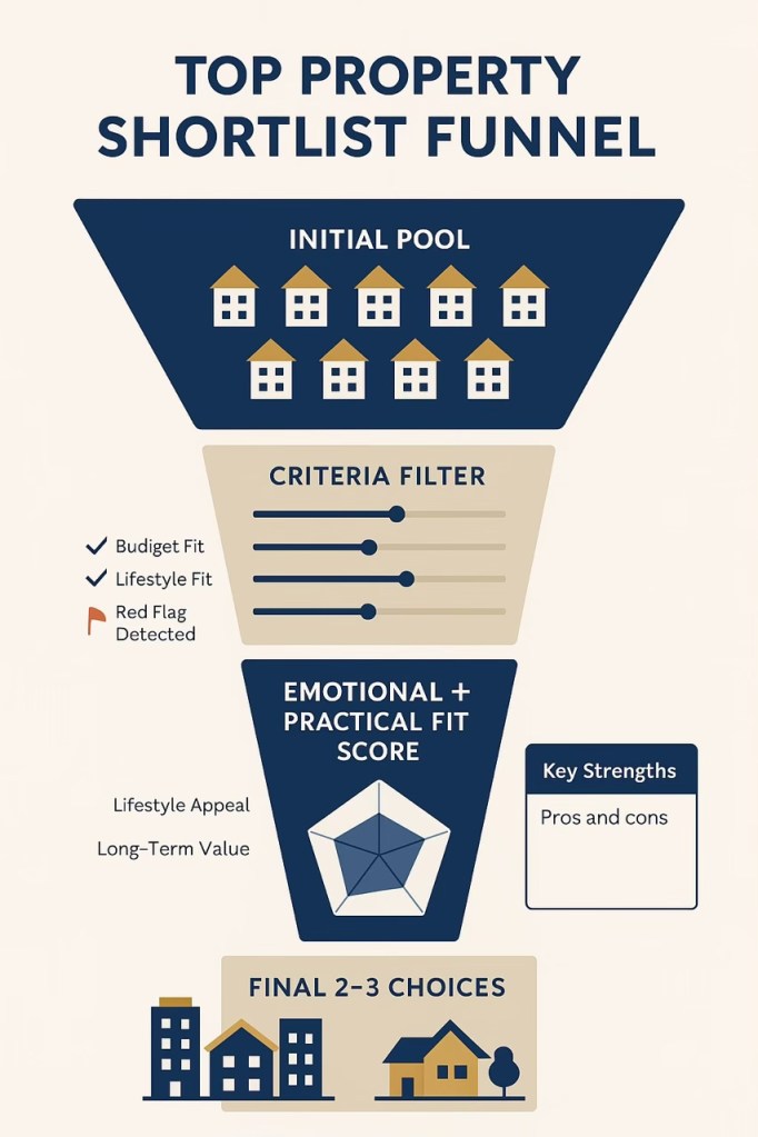 Infographic illustrating the 'Top Property Shortlist Funnel', showing stages from initial pool of homes through criteria filtering, emotional and practical fit scoring, to final selection of 2-3 choices.
