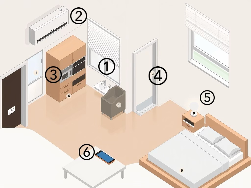 An isometric illustration of a small apartment layout, featuring labeled items including furniture and fixtures such as an air conditioning unit, kitchen appliances, a sofa, a mirror, a bed with bedside table, and a coffee table.