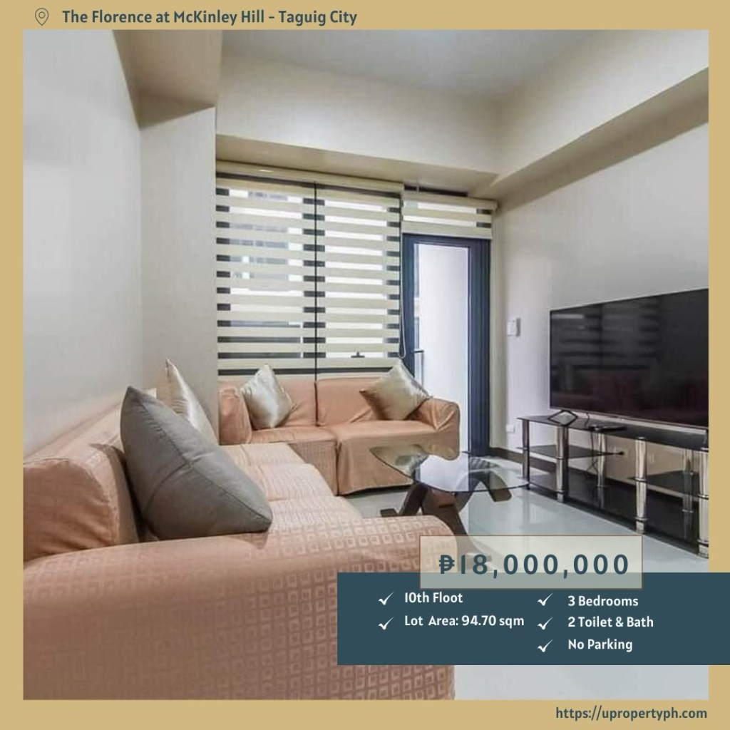 FOR SALE: Fully Furnished 3-Bedroom Condo at The Florence, McKinley Hill, Taguig City | 10th Floor | 94.70&nbsp;sqm
