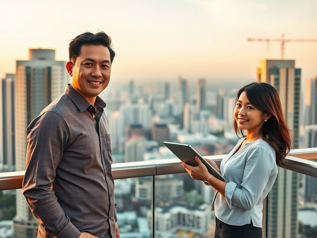 A man and a woman standing on a balcony with a city skyline in the background, both smiling while the woman holds a tablet.