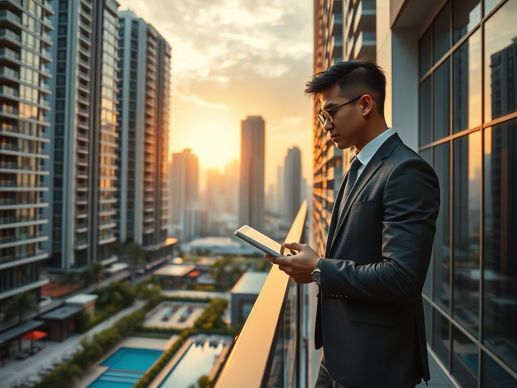 A professional man in a suit stands on a balcony overlooking a modern city skyline at sunset, holding a tablet in his hands.