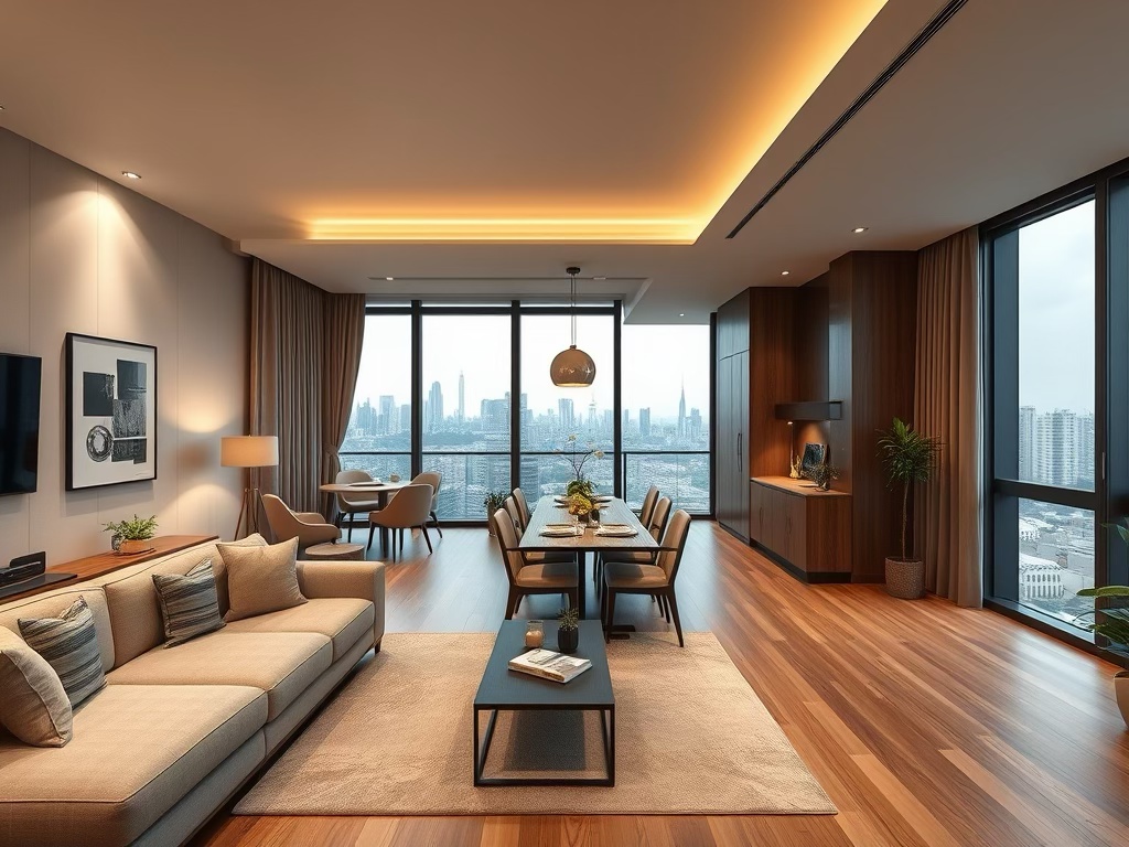 A modern, well-furnished living and dining area in a luxury condo, featuring a large window with a city view, a comfortable sofa, and a dining table set for multiple guests.