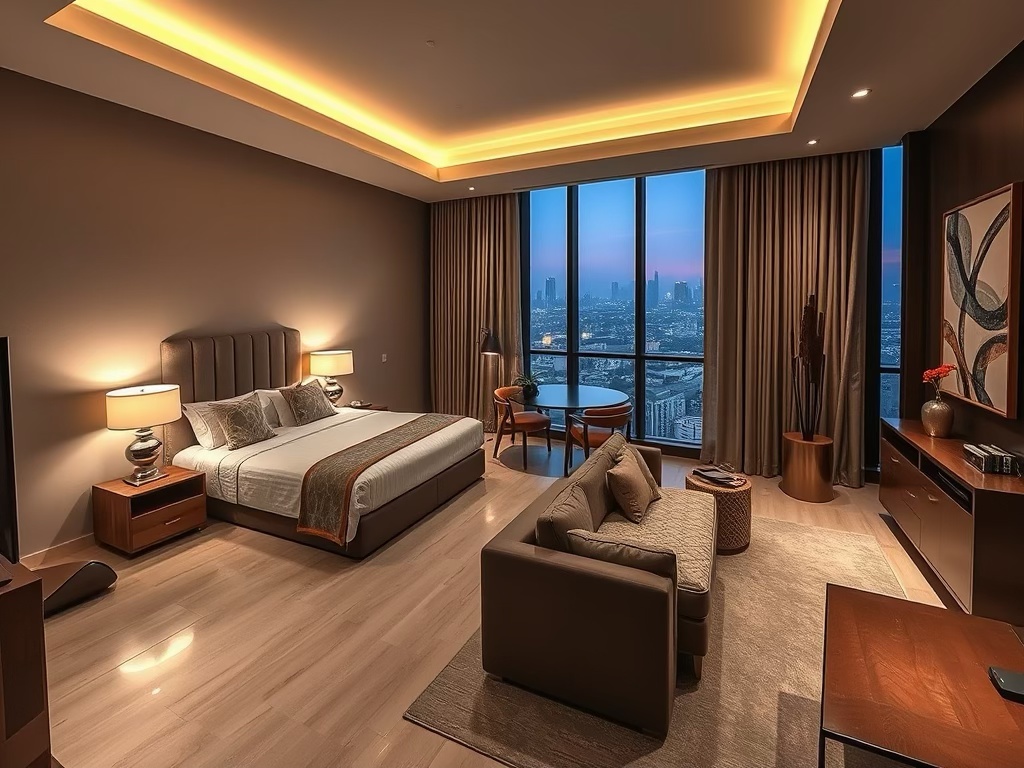 Luxurious hotel room with a city view, featuring a king-size bed, modern furnishings, and warm lighting.