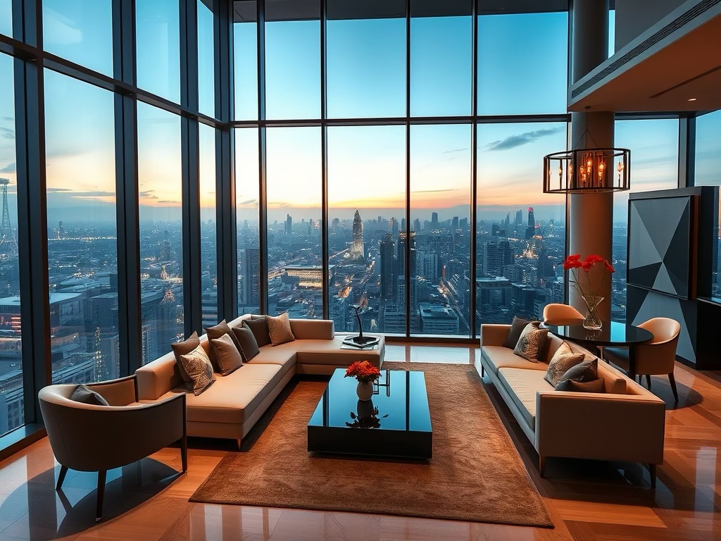A modern living room with large floor-to-ceiling windows offering a panoramic city view, featuring a sleek sofa arrangement, a glass coffee table, and stylish decor.