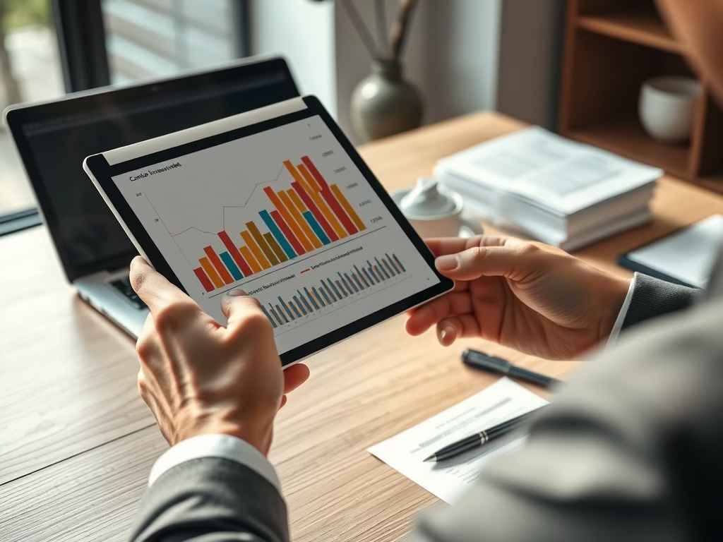 A person in a suit holding a tablet displaying colorful graphs and charts, while sitting at a desk with a laptop and stationery in a well-lit office.