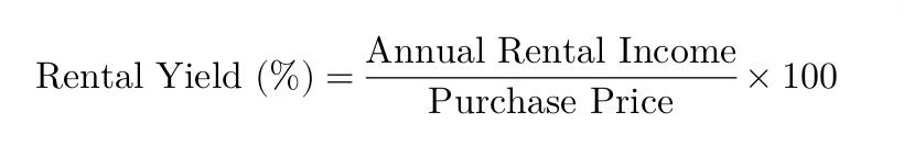 A formula for calculating rental yield, showing annual rental income divided by purchase price, multiplied by 100 to express the result as a percentage.