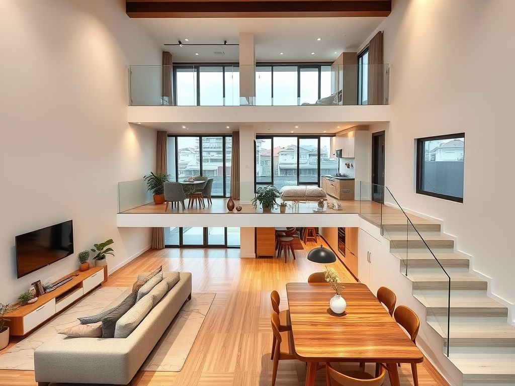 A modern, spacious living room featuring a large sectional sofa, wooden dining table with chairs, and a staircase leading to an upper level. Large windows provide natural light and a view of the outdoors.