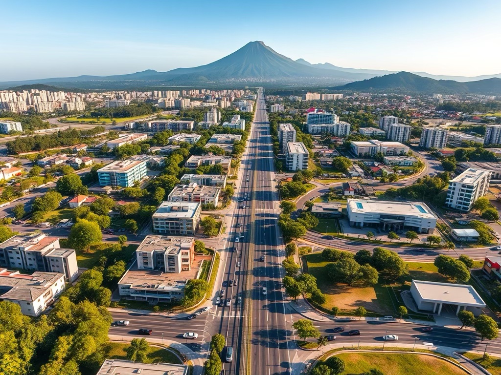 Aerial view of a modern urban landscape in Calamba, featuring a wide roadway lined with trees, residential buildings, and greenery, set against a backdrop of mountains in the distance.