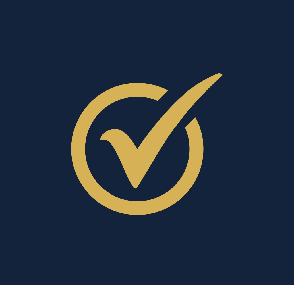 Logo featuring a check mark inside a circle, designed with a gold color on a navy blue background.