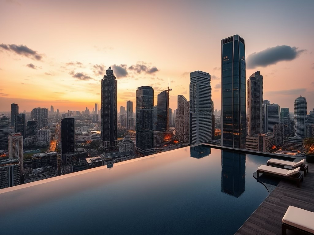 Panoramic view of Manila's skyline at sunset, featuring high-rise buildings and an infinity pool in the foreground.